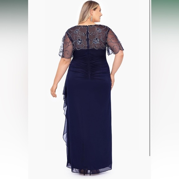 Xscape Plus Size Long Beaded Sequin Illusion Neckline Jersey Dress 18W Navy FLAW - Picture 2 of 15